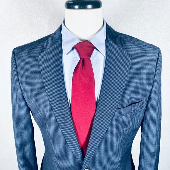 Hugo Boss Blazer Mens 38R Blue Wool Blend Gingham Plaid Sport Coat Jacket - Picture 1 of 15